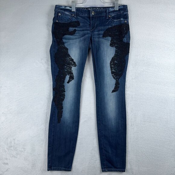 Express Jeans Ultra Skinny Black Lace Detail Women Size 8 Slim Fit Low Rise Blue - Picture 1 of 15